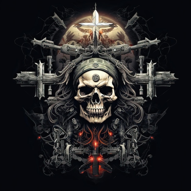 Totenkopf mit Waffen, Totenkopf und Kreuz im Stil des militaristischen Realismus, Retro-Rock-HD-Bild