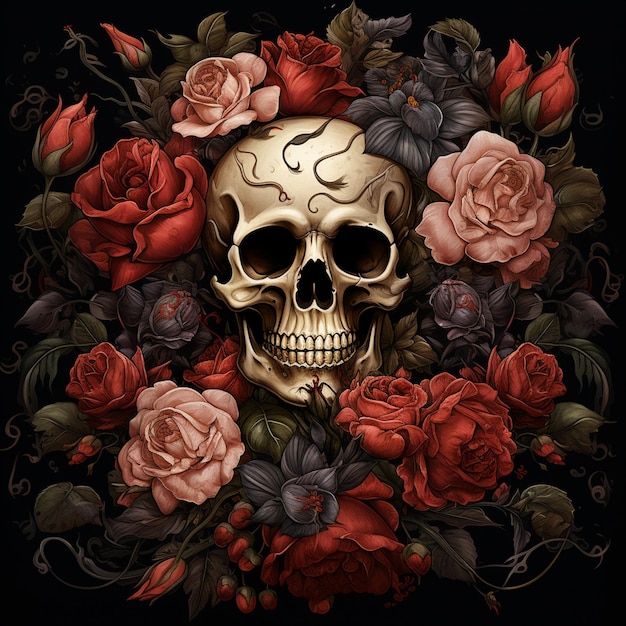Totenkopf und Rosen auf schwarzem Hintergrund, generative KI