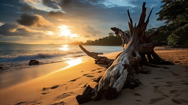 Toter Baum am Strand bei Sonnenuntergang Phuket Thailand