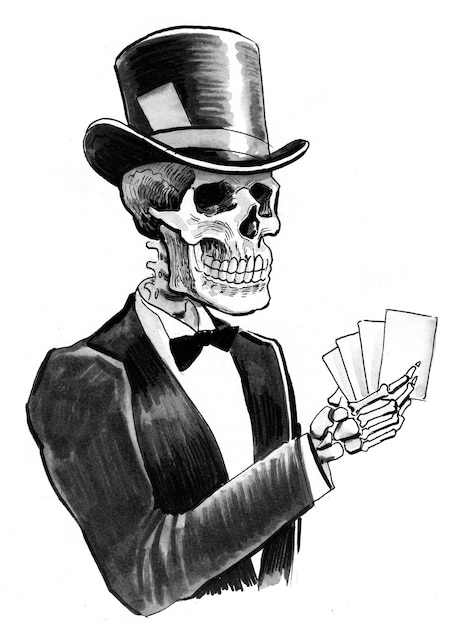 Foto toter spieler mit spielkarten. tinte schwarz-weiß-zeichnung
