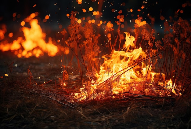 totes Gras unter einem Feuer in einem bewaldeten Gebiet im Stil der exakten Präzision