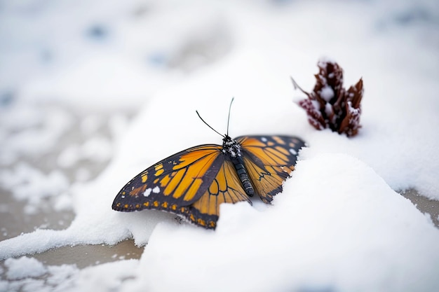 Totes Insekt im Schnee als schönes Symbol für Leben und Tod Schmetterling im Winter generative ai