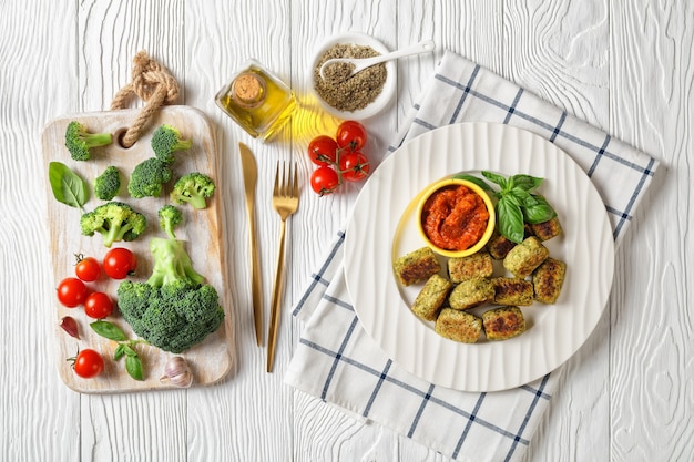 Tots de brócoli al horno en un plato blanco con salsa marinara en una mesa de madera con ingredientes en una tabla de cortar y cubiertos dorados, vista horizontal desde arriba, plano, espacio libre