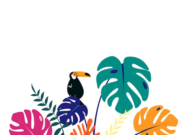 Toucan botanische Grenze png farbenfroher Sommer ästhetischer tropischer Hintergrund mit Toucan und flammendem transparenten Hintergrund