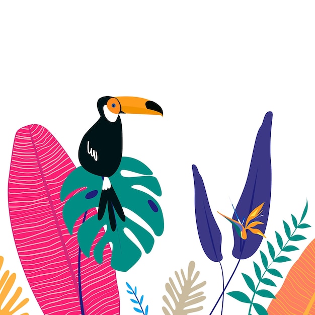 Toucan botanische Grenze png farbenfroher Sommer ästhetischer tropischer Hintergrund mit Toucan und flammendem transparenten Hintergrund