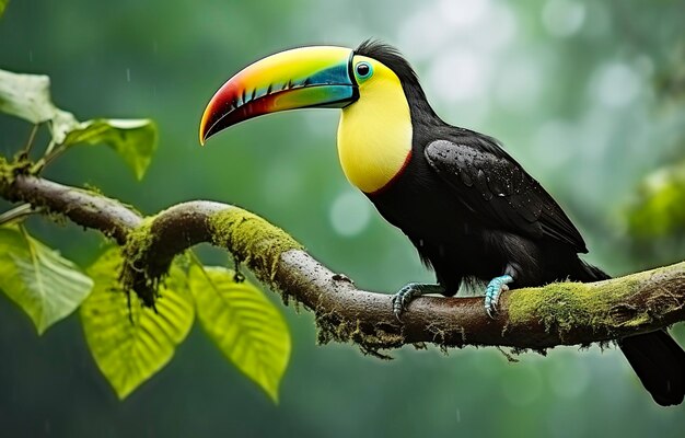 Foto toucan de mandíbula de chesnut sentado en la rama en la lluvia tropical con una jungla verde ia generativa