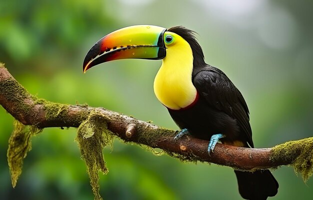 Foto toucan de mandíbula de chesnut sentado en la rama en la lluvia tropical con una jungla verde ia generativa