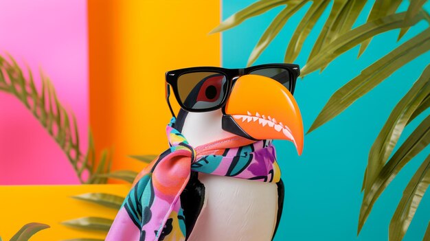 Toucan-Sonnenbrille und Schal im Studio mit farbenfrohem und hellen Hintergrund AI Generative