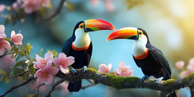 Foto toucanos duplos de qualidade fotográfica hiper-realista em um galho em flor