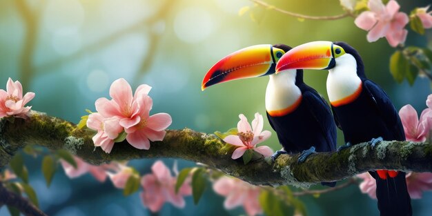 Foto toucanos duplos de qualidade fotográfica hiper-realista em um galho em flor