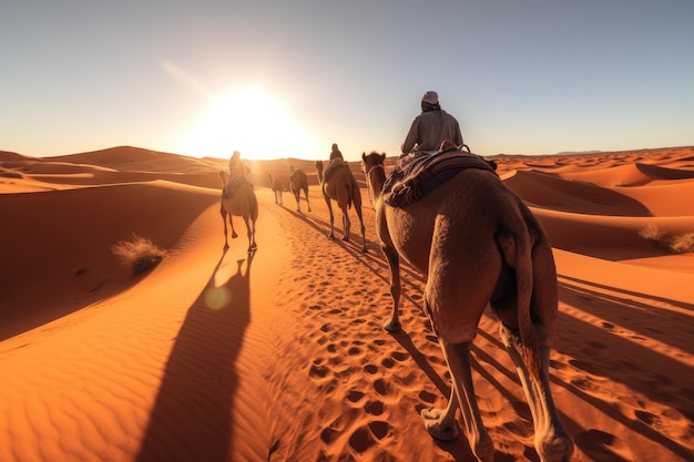 Tour de árabes con camellos en el desierto del Sahara con tour guiado bereber de Dubái en Morning Sunrise Generative Ai