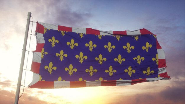 Touraine-Flagge, Frankreich, weht im Wind-, Himmels- und Sonnenhintergrund. 3D-Rendering