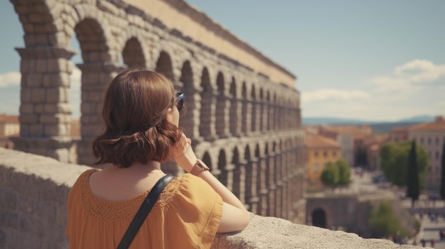 Foto tourismus in segovia rückansicht einer besucherin, die ein römisches aquädukt bewundert generative ki