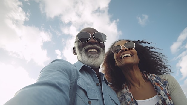 Tourismus Reisen Menschen Freizeit und Technologie Konzept glückliches afrikanisch-amerikanisches Paar macht ein Selfie über dem blauen Himmel ai generative