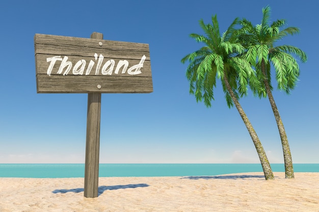 Tourismus- und Reisekonzept. Hölzerne Wegweiser mit Thailand Anmelden Tropical Paradise Beach mit weißem Sand und Kokospalmen auf blauem Himmelshintergrund. 3D-Rendering