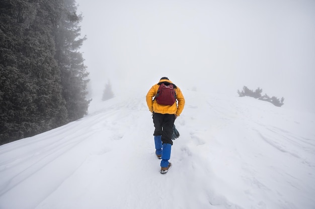 Tourist in den schneebedeckten Bergen