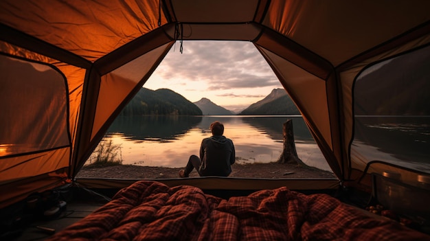 Tourist liegt in seinem Zelt mit Blick auf einen See