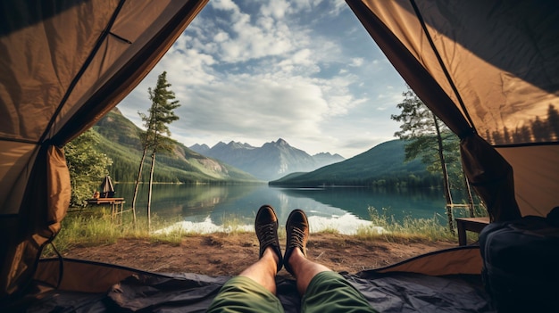 Tourist liegt in seinem Zelt mit Blick auf einen See