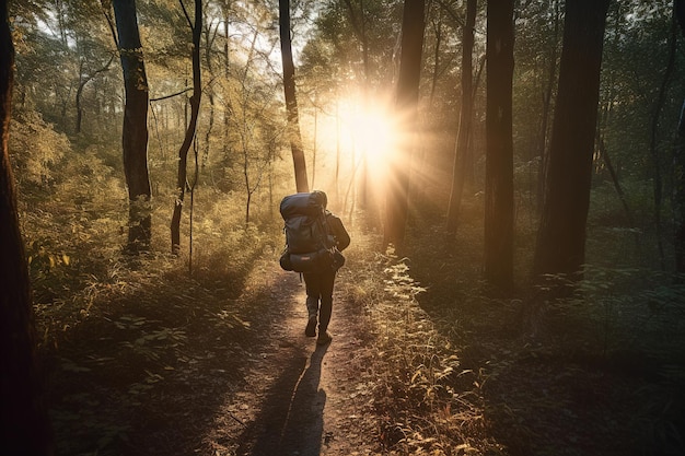 Tourist mit dem Rucksack, der den Wald zu den Bergen wandert Generative ai