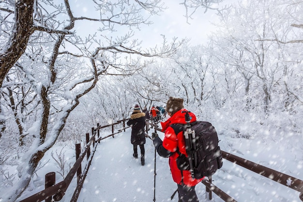 Touristen auf dem Berg Deogyusan im Deogyusan-Nationalpark an einem verschneiten Tag in der Nähe von Muju, Südkorea