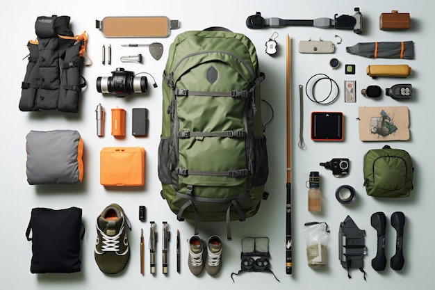 Touristen-Ausrüstung Rucksack-Layout dekonstruiert Schöne Illustration Bild Generative KI