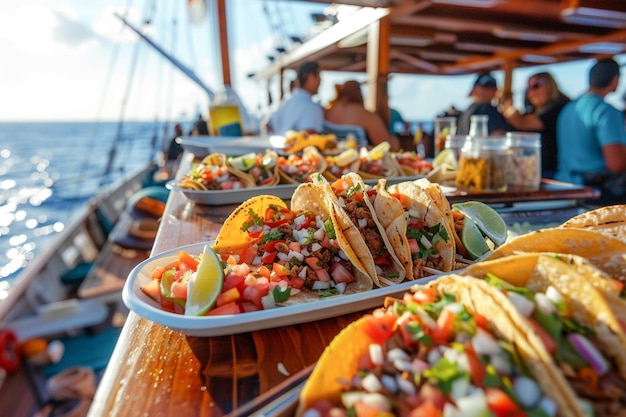 Touristen essen köstliche traditionelle mexikanische Straßen-Tacos auf einer Kreuzfahrt