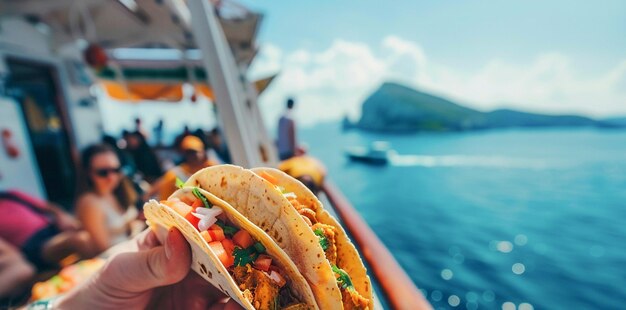 Touristen essen köstliche traditionelle mexikanische Straßen-Tacos auf einer Kreuzfahrt
