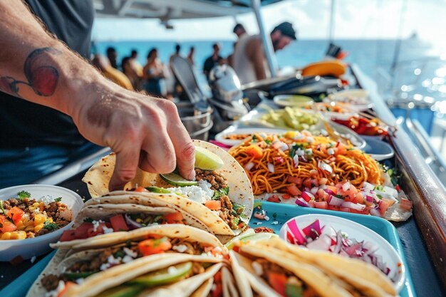 Touristen essen köstliche traditionelle mexikanische Straßen-Tacos auf einer Kreuzfahrt