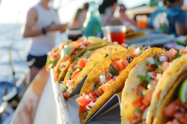 Touristen essen köstliche traditionelle mexikanische Straßen-Tacos auf einer Kreuzfahrt