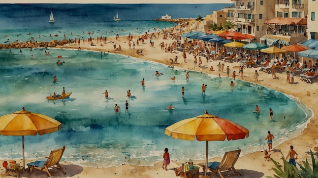 Touristen genießen einen sonnigen Strand mit bunten Regenschirmen und Segelbooten in Aquarellmalerei