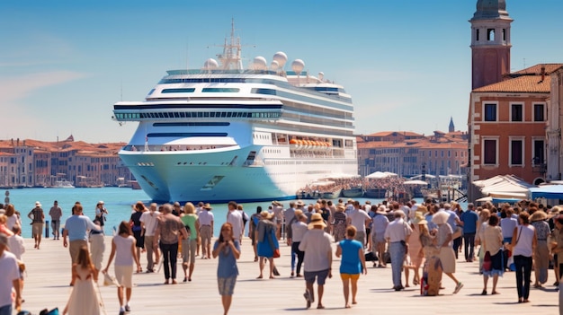 Touristen laden ihr Gepäck auf ein Kreuzfahrtschiff.