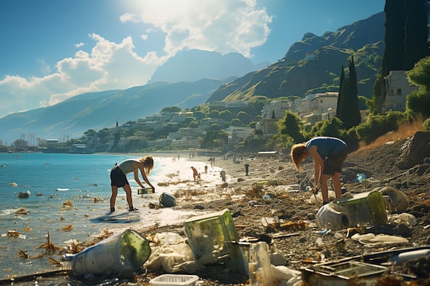 Touristen säubern den Strand von Plastikmüll. Erstellt mit generativer KI