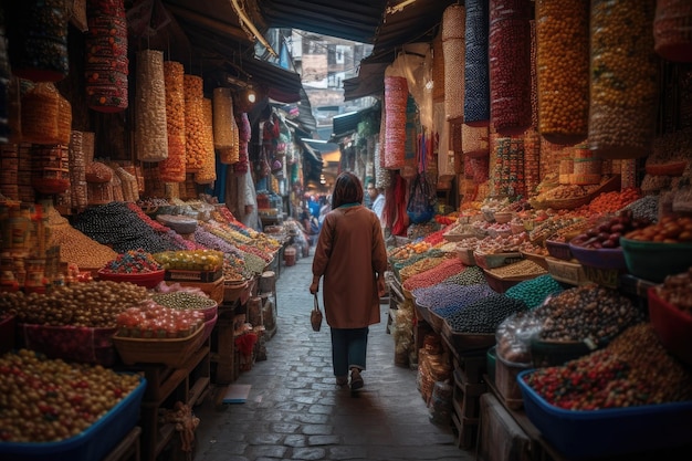 Touristen schlendern durch einen geschäftigen Markt, umgeben von leuchtenden Farben und einzigartigen Angeboten