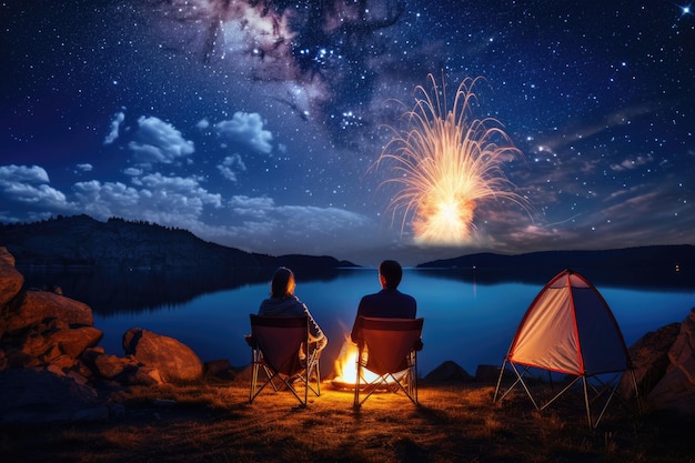 Touristen sitzen um ein hell loderndes Lagerfeuer in der Nähe von Zelten unter einem Nachthimmel