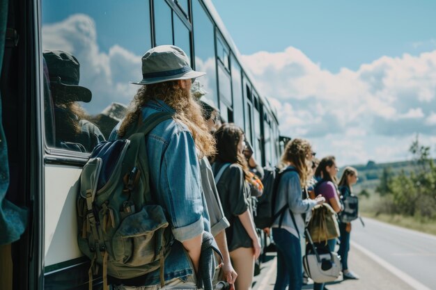 Foto touristen steigen mit gepäck in den bus, andere warten