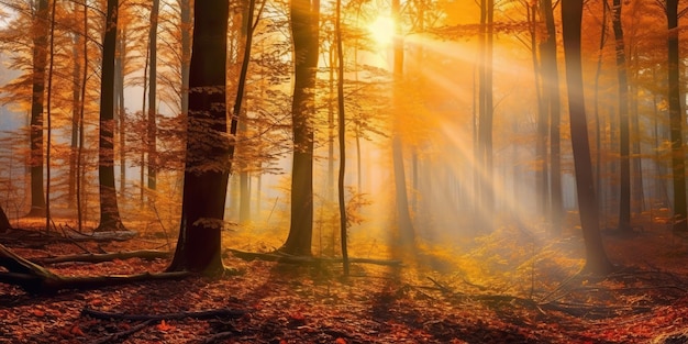 Touristen wandern in einem atemberaubenden Herbstwald im Morgensonnenlicht. Rote und gelbe Blätter auf Bäumen im Wald, goldene Waldlandschaft.