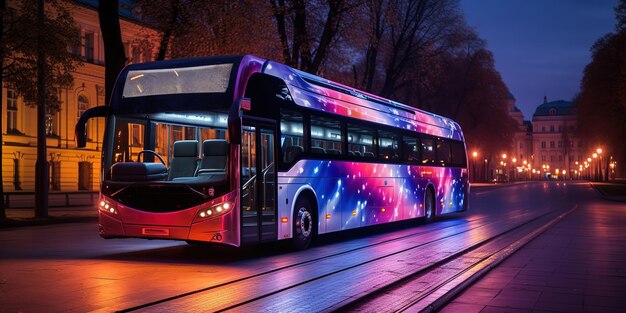 Touristenbusfahrten auf der Straße im Licht der Stadtlichter