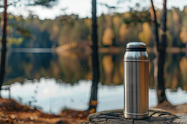 Touristenthermos auf einem Stumpf