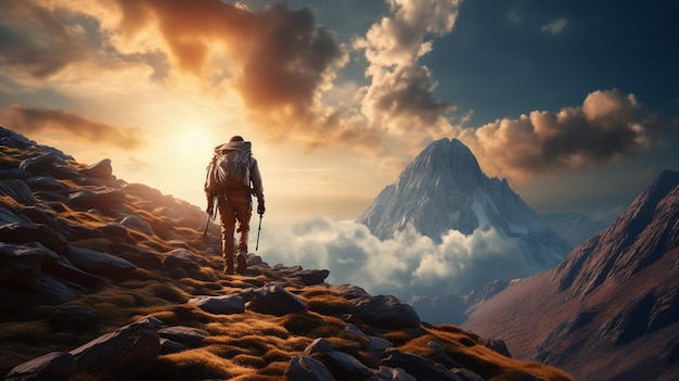 Touristenwanderer mit Rucksack und Wanderstangen klettern auf einem felsigen, schneebedeckten Berg steilen Hang auf dem Hintergrund eines nebligen Tals gefüllt mit weißen, aufgeblähten Wolken Generative KI