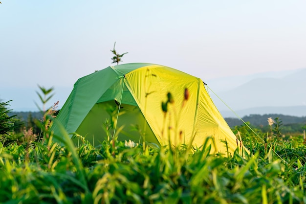 Touristenzelt im Gras in den Strahlen der Morgensonne