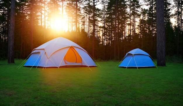 Touristenzelt im Wald bei Sonnenuntergang Reisekonzept Generative KI