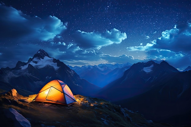 Touristenzelt in den Bergen bei Nacht mit Sternenhimmel. Beleuchtetes Zeltlager mit Blick auf die Berge und einem Sternenhimmel, KI-generiert