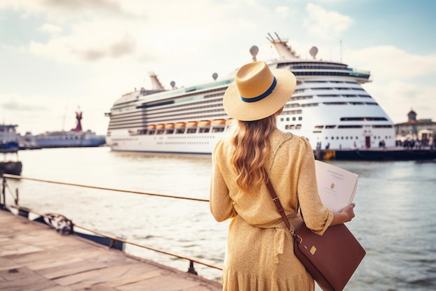 Foto touristin mit karte, die vor einem großen kreuzfahrtschiff steht