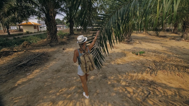 Touristin mit Zopfspaziergängen, die sich an sonnigen Tagen auf wachsenden jungen Bäumen mit üppigen Blättern auf der Ölpalmenfarm elaeis guineensis umsehen