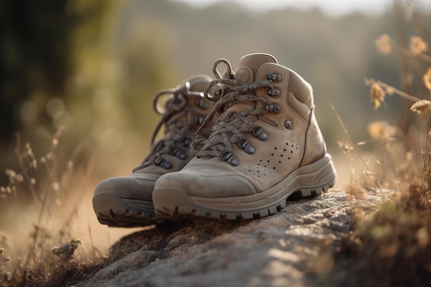 Touristische Wanderschuhe auf Stein mit Naturgebirgshintergrund Generative ai