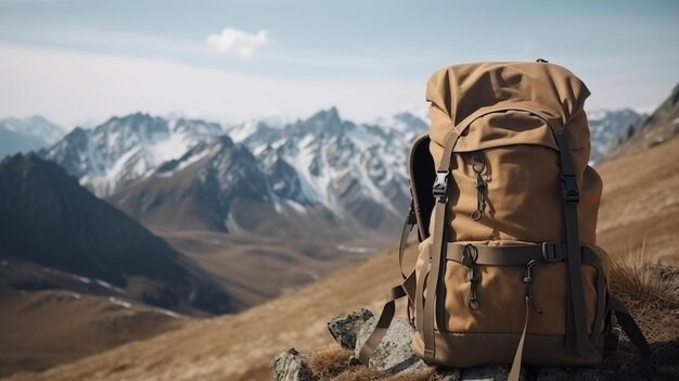 Touristischer Rucksack, Berggipfel, Hintergrund, Outdoor-Aktivitäten, aktive Freizeit, KI generiert