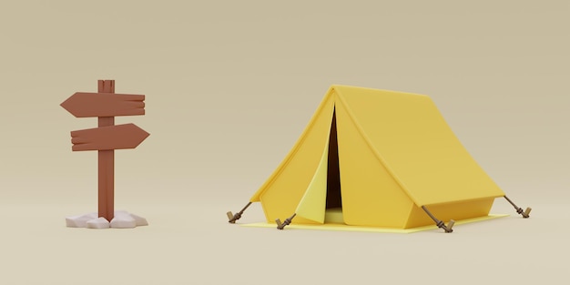 Touristisches Campingzelt mit Wegweiserelementen für Camping-Sommercamp-Reisen beim Wandern 3D-Rendering