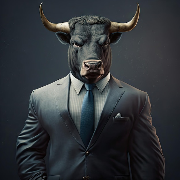 Touro em um terno de negócios Animal Empresário Engraçado Bison Boss Homem com cabeça de touro em um terno de negócios formal Ilustração de IA generativa