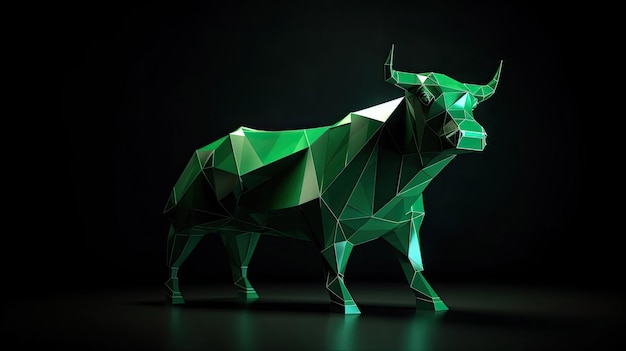 Touro estilo Origami verde sobre fundo preto estilo de arte 3D com tecnologia Generative AI