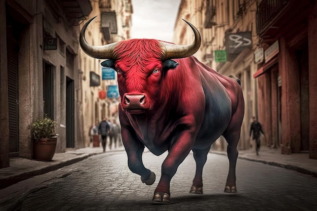 Touro vermelho com chifres corre ao longo da rua entre os touros do mercado carrega ai generativo